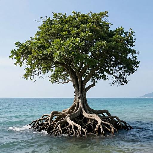 Photograph of a large, leafy tree with sprawling roots standing in the center of a calm, turquoise ocean under a clear blue sky.