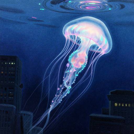Bioluminescent Jellyfish Over Submerged City