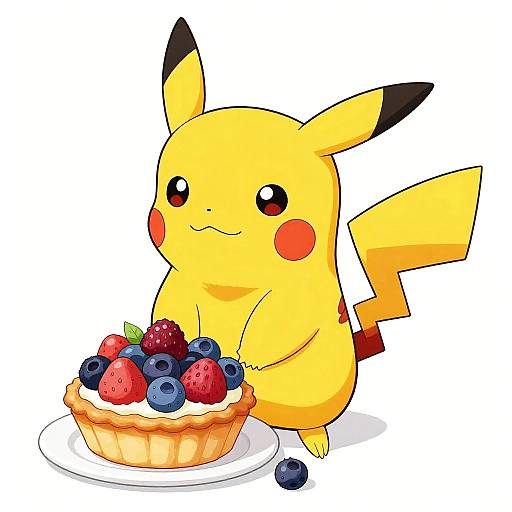 Digital drawing of Pikachu, yellow with black-tipped ears and red cheeks, sitting and smiling while holding a fruit-topped pie with blueberries, strawberries