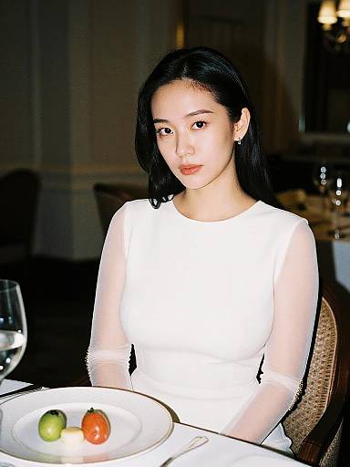 Woman in White Dress at Luxury Dinner