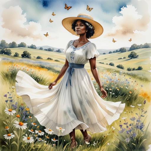 Woman in White Dress Strolling Through Meadow