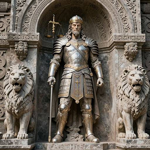 Photograph of a detailed stone statue of a medieval knight in armor, holding a sword and balance scale, flanked by two lion sculptures, in an
