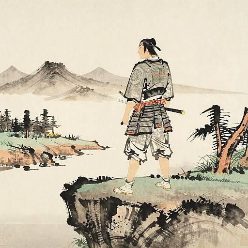Traditional Japanese woodblock-style painting: Samurai in patterned kimono with sword stands on cliff, overlooking misty mountains and forest.