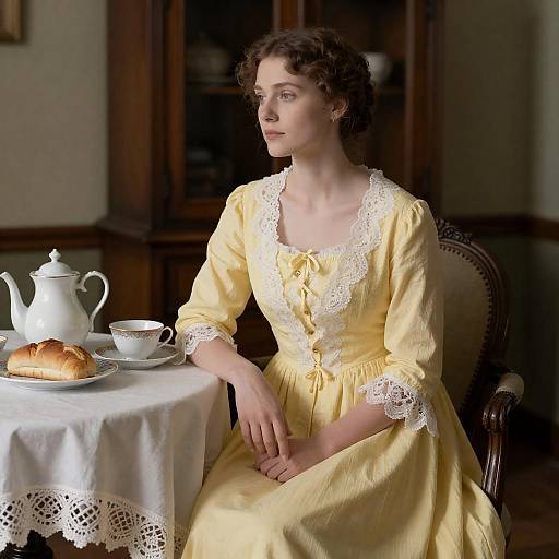 Woman in 19th Century Yellow Dress at Tea Table