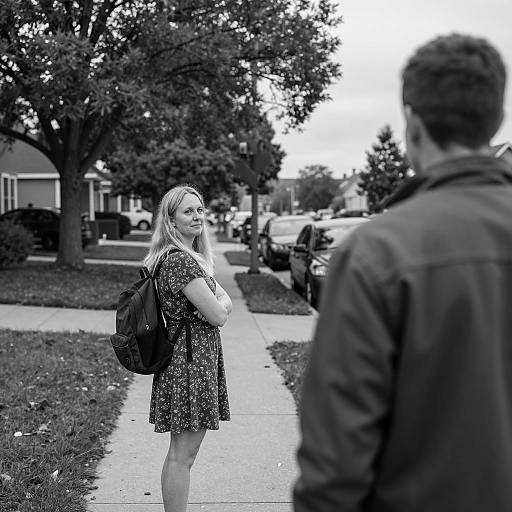 Black and White Suburban Street Scene with Woman and Man