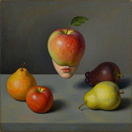 Realistic digital painting of a faceless apple with a single green leaf, surrounded by a pear, orange, red apple, and yellow pear. Gray