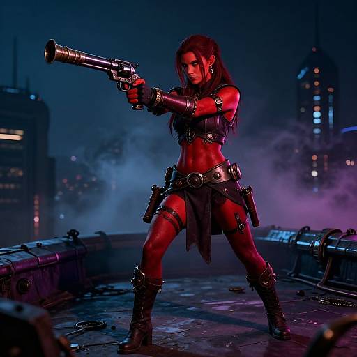 Digital artwork of a fierce, red-lit, muscular woman in black leather outfit, wielding a large gun, standing on a smoky rooftop at night