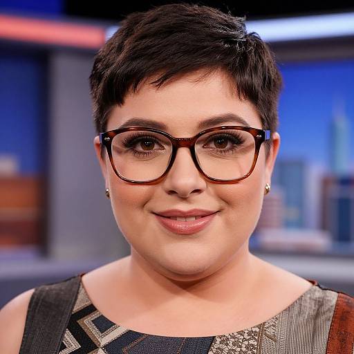 Photograph of a smiling woman with short black hair, large brown glasses, light skin, wearing a patterned sleeveless top, against a blurred blue
