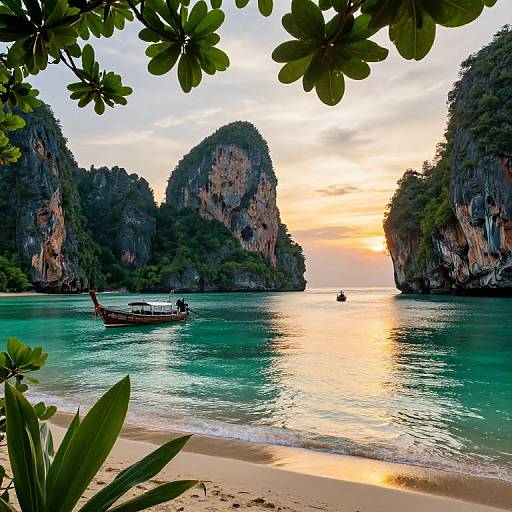 Photograph of a tranquil tropical beach at sunset, featuring a traditional long-tail boat on turquoise waters, surrounded by limestone cliffs and framed by green leaf
