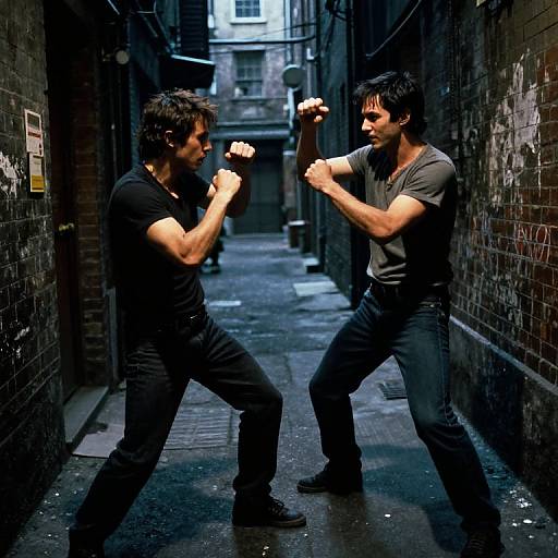 Photograph of two muscular men in black shirts and jeans, boxing in a narrow, graffiti-covered urban alley with wet pavement.