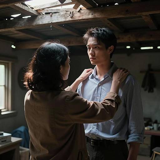 Intense Moment Between Two People in Rustic Shack