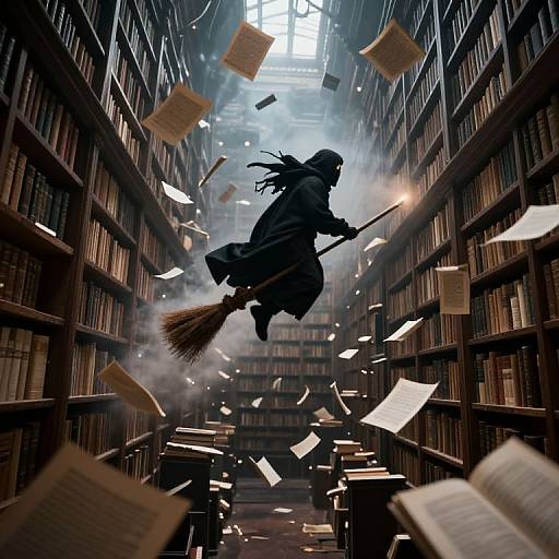Cloaked Figure Soaring Through Endless Library