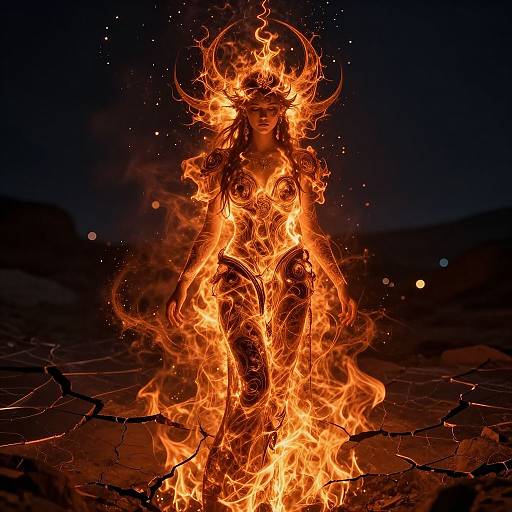 Photograph of a woman engulfed in fiery flames, with glowing orange and yellow flames forming a crown and intricate patterns around her. Dark background, night