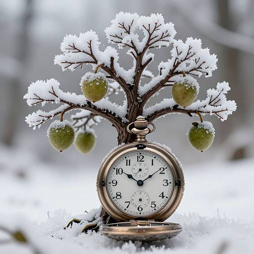 Photograph of a snow-covered vintage pocket watch with a frosty tree bearing green pears, set in a winter landscape.