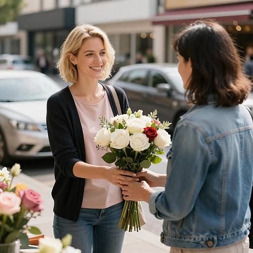 Woman handing bouquet to another outside flower shop