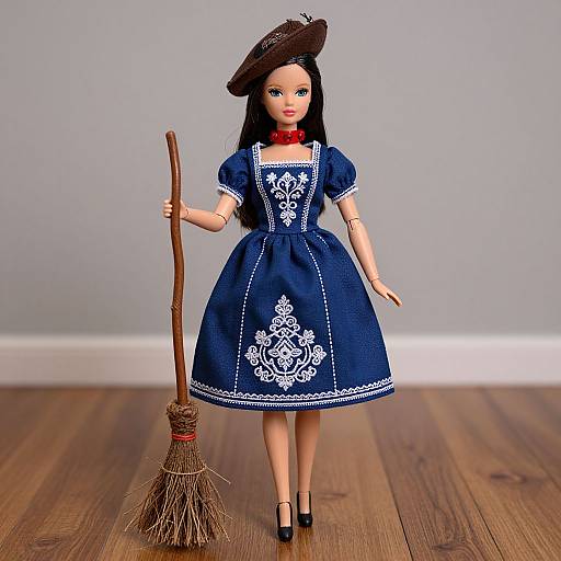 Photograph of a doll in a blue German-style dress with white embroidery, black hat, red collar, holding a broom, standing on wooden floor