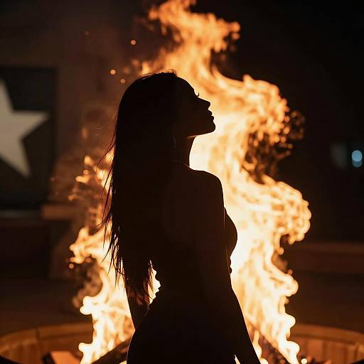 Silhouette of a Woman Against Flames