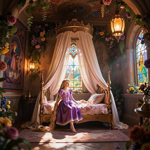 Fantastical photograph of a young girl in a purple dress sitting on an ornate, flower-adorned bed in a sunlit, medieval-style