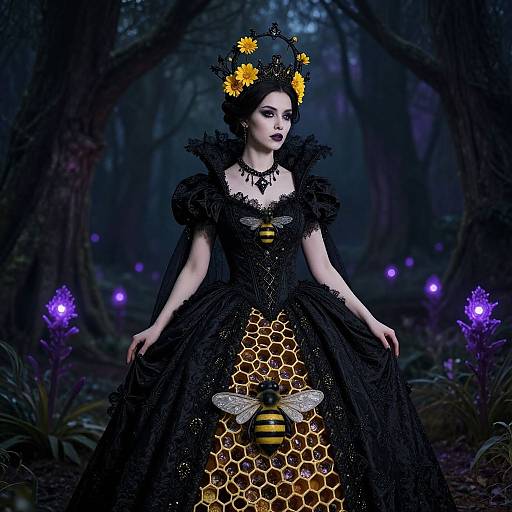 Photograph of a pale-skinned woman in a black bee-themed ball gown with yellow flower crown, bee wings, and honeycomb skirt, standing in