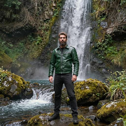 Confident Bearded Man by Waterfall