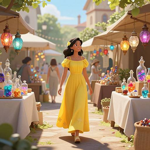 Digital illustration of a fair-skinned woman with black hair in a yellow dress, walking through a sunlit, vibrant market with colorful lanterns and glass