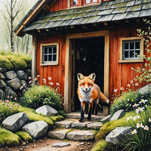 Red Fox at Wooden Cottage Door