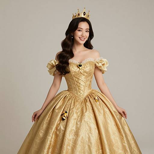 Asian princess in a golden, off-shoulder ball gown with puffed sleeves and intricate embroidery, wearing a jeweled crown, smiling against a plain