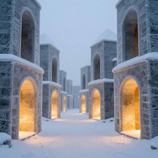 Photograph of a snow-covered, stone archway courtyard at dusk, lit by warm yellow lights, creating a serene winter scene.