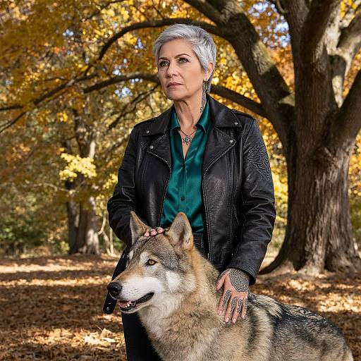 Photograph of a silver-haired woman in a black leather jacket, standing outdoors in an autumn forest, with a large, gray and brown wolf at her