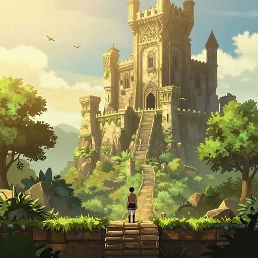Digital anime-style drawing: A small figure stands at the base of a sunlit, grand, castle-like tower with stone steps, surrounded by lush green