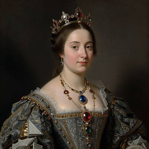 Baroque-style portrait of a fair-skinned, dark-haired queen wearing an ornate gold crown, intricate blue gown, and multiple jeweled necklaces