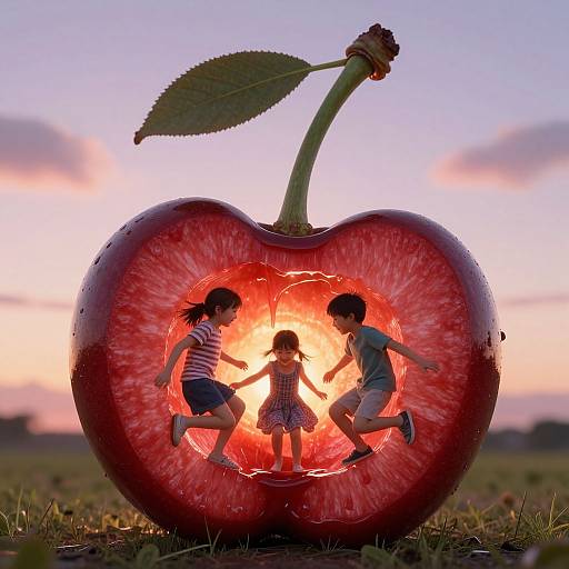 Photograph of three children silhouetted inside hollowed, red apple at sunset; standing in front of glowing core, with green leaf and field