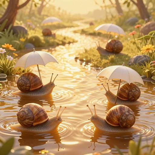 Photograph of four snails in a sunlit pond, each holding a small white umbrella, surrounded by flowers and rocks.