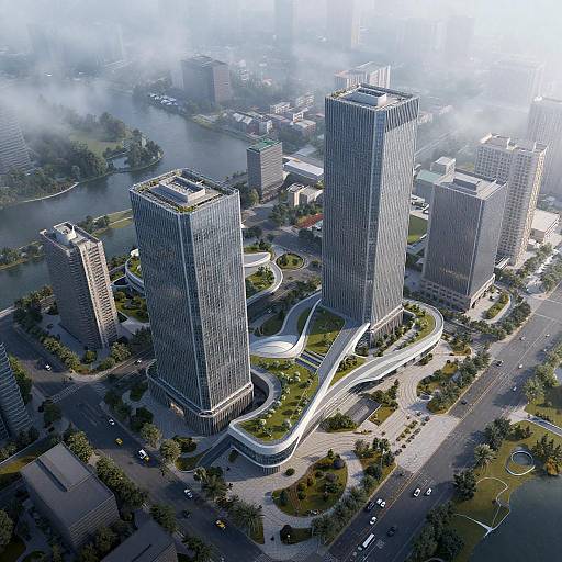 Foggy Aerial View of Modern City