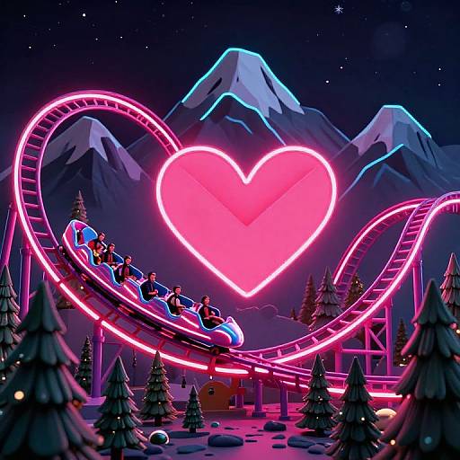 Neon-lit roller coaster with heart-shaped lights curves through snowy mountains, surrounded by stylized pine trees at night. Digital art.