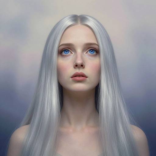 Digital portrait of a fair-skinned woman with long, silver hair and vivid blue eyes, set against a gradient blue and white background.