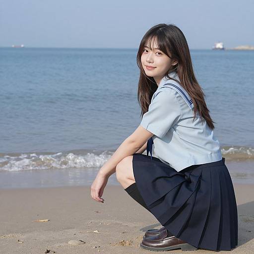 Asian Woman in School Uniform on Beach
