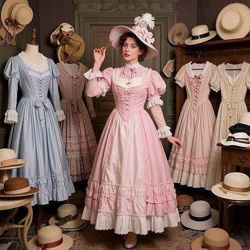 Photograph of a Victorian-style boutique with three mannequins in pastel dresses, surrounded by hats, featuring a central woman in a pink bon