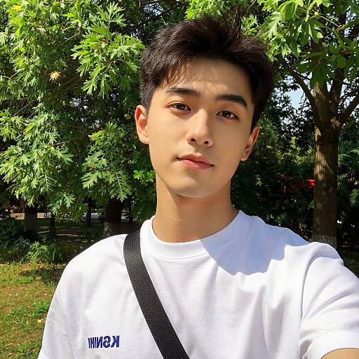 Photograph of an Asian young man with short black hair, wearing a white T-shirt and black strap, standing outdoors in sunlight with green leafy tree