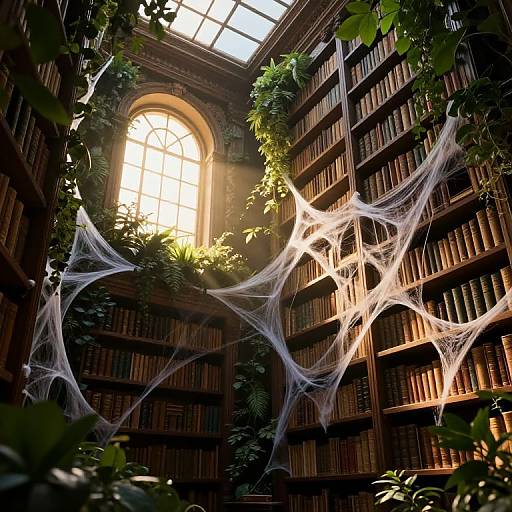 Photograph of a sunlit, tall library with dark wooden shelves, lush green plants, and white spiderwebs stretching across the room. Sunlight streams