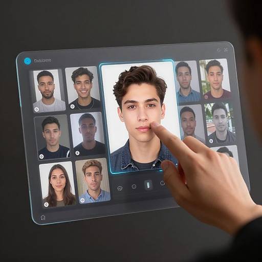 Photograph of a touchscreen interface displaying a grid of 10 facial photos, with a finger touching the central highlighted image of a young man with dark,
