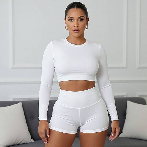Photograph of a confident Black woman with a braided bun, wearing a white long-sleeve crop top and high-waisted shorts, standing
