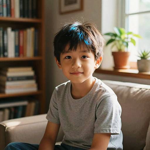 Photograph of an Asian boy with short black hair, wearing a gray t-shirt, sitting on a beige couch in a sunlit room, with a