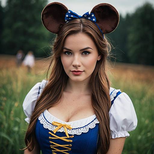 Woman in Disney Mouse Ears and Traditional Dirndl Dress