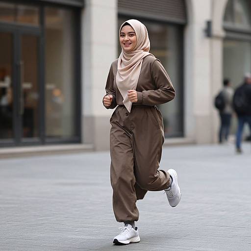 Young Muslim Woman Running in City
