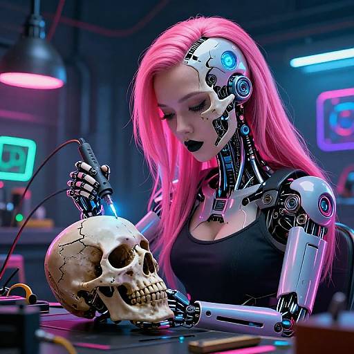 Cybernetic woman with pink hair and black top, holding skull, using blue device in neon-lit lab. Digital CGI artwork.