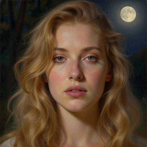 Digital portrait of a young, fair-skinned woman with wavy blonde hair, blue eyes, and pink lips, looking upward at a bright full moon