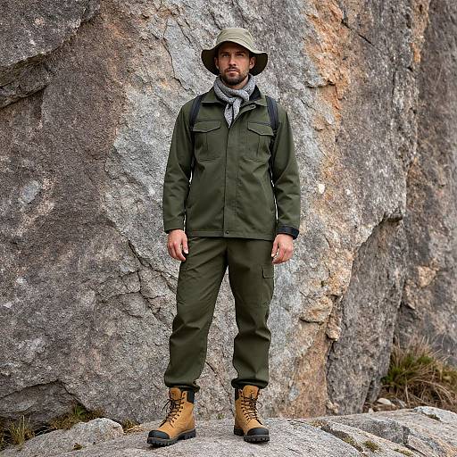 Man Trekking Outfit by Rock