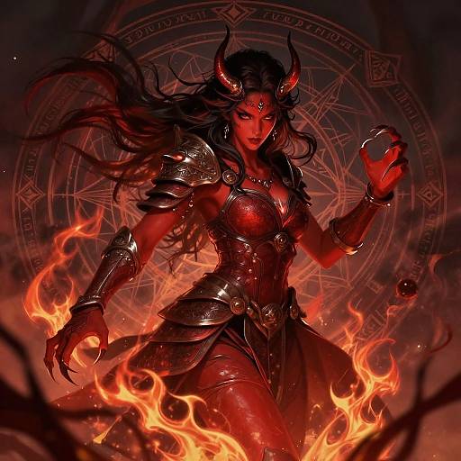 Digital art of a red-skinned, horned demoness with black hair, wearing red and silver armor, surrounded by fiery flames, holding a glowing