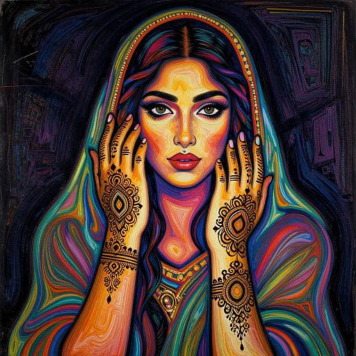 Vibrant digital artwork of a woman with long, colorful hair, adorned in intricate henna designs, touching her face, wearing a headpiece,